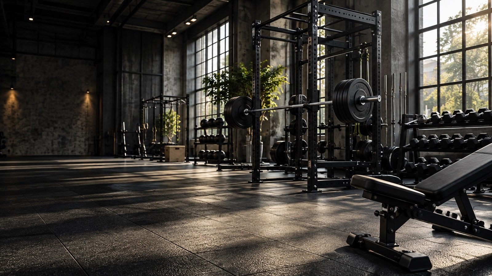 Illustrative gym setup with strength equipment and free weights